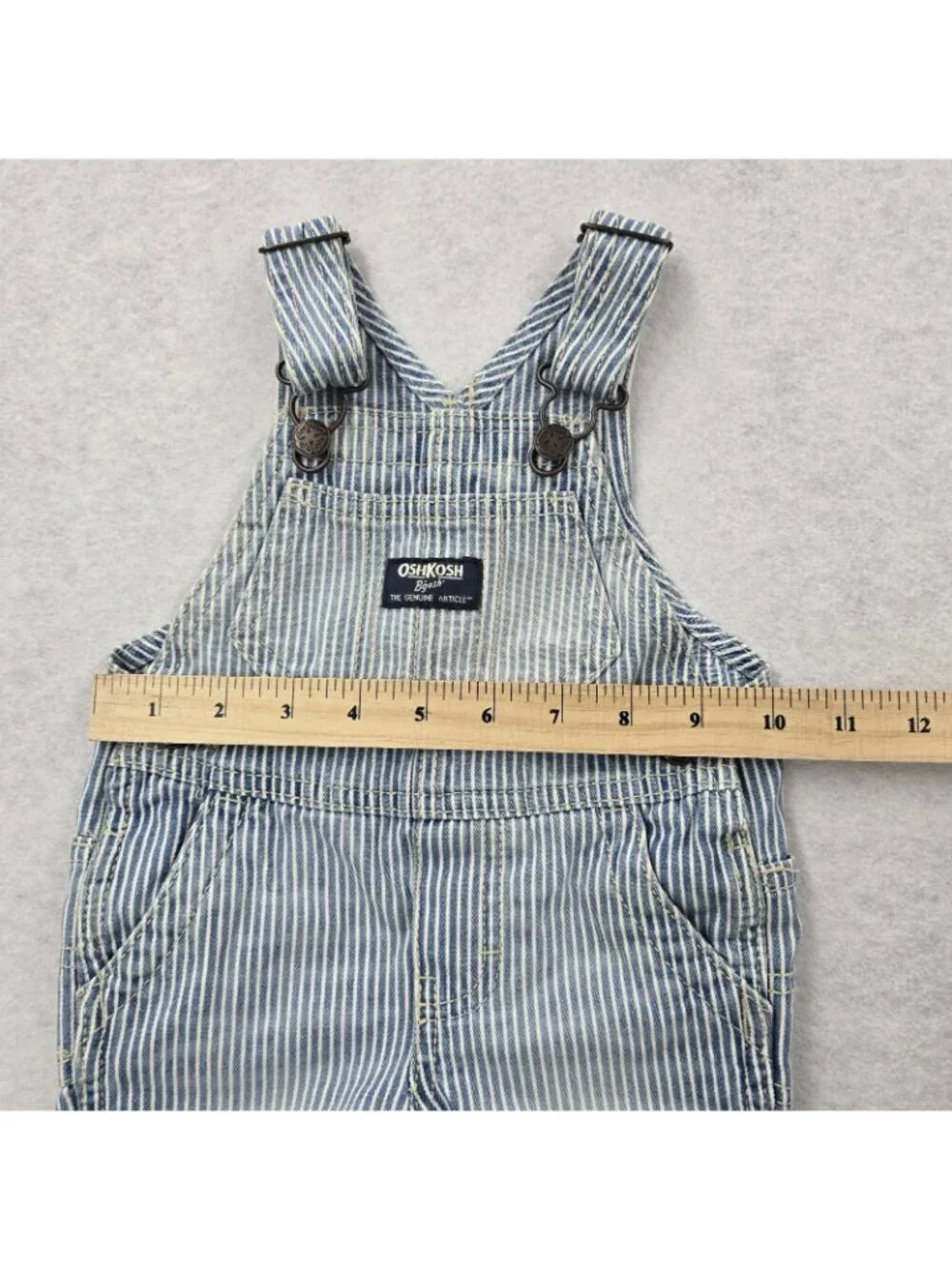 Oshkosh Bgosh Blue Striped Denim Bib Overalls Sz 6 Month Train Conductor EUC